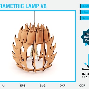 May include: A parametric lamp design in the shape of a flame, made of wood and ready to be cut with a laser cutter. The design is available in AI, EPS, SVG, DXF, and CDR formats. The lamp is made of 15 pieces and is available in 1/8, 5/32, and 1/4 inch thicknesses.
