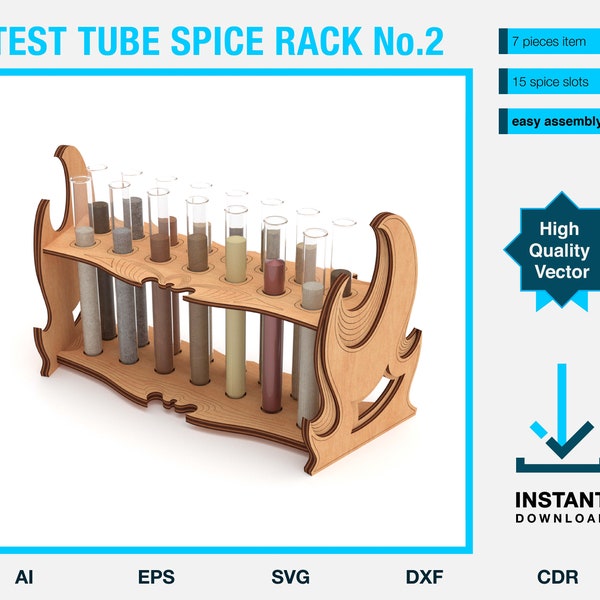 Fichier vectoriel de rack d’épices de tube à essai - projet de découpe laser pour cnc - économiseur d’espace en bois de comptoir - fichiers dxf, eps, cdr, ai, svg