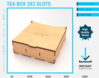 Fichier vectoriel organisateur de boîte à thé - modèle de projet découpé au laser - 9 emplacements de taille moyenne, boîte à thé en bois