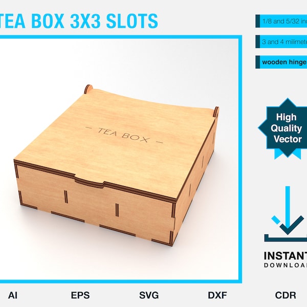 Tea box organizer vector file - laser cut project template - 9 slots medium size, wooden tea box