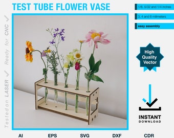 Test tube flower vase - laser cut project file - test tube plant holder - vector template - flower vase rack - 5 stem wooden frame