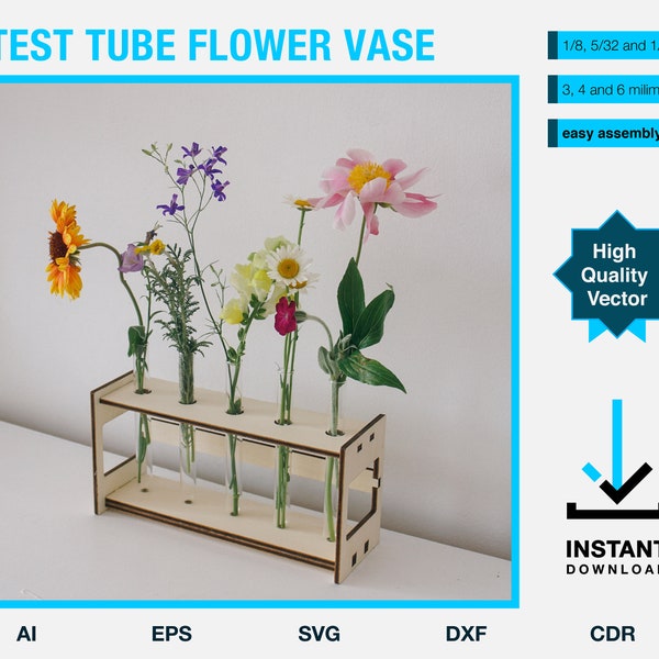 Test tube flower vase - laser cut project file - test tube plant holder - vector template - flower vase rack - 5 stem wooden frame
