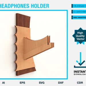 Headphones holder - laser cut vector file - modernist design - project file for cnc - desk organizer