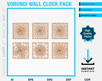 Voronoi wall clock pack - 6 different designs - digital vector file - ai, dxf, cdr, png, svg file into one zip - parametric design
