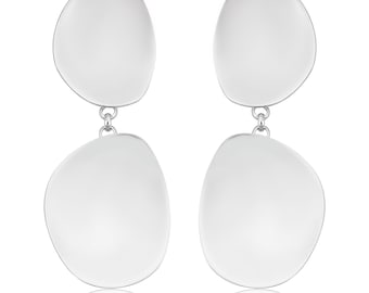 Sterling Silver With Rhodium Plating Concave Disc Drop Earrings