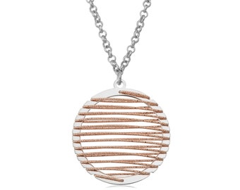 Two-Tone Sterling Silver Wire Wrapped Circle Pendant On Rolo Chain Necklace (16 inch)