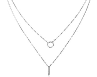 Sterling Silver with Cubic Zirconia Bar and Circle Layered Necklace (16 inch)