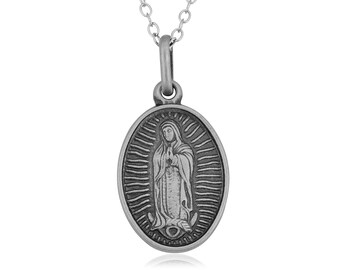 Oxidized Sterling Silver Oval Lady Of Guadalupe Medal Necklace (18")