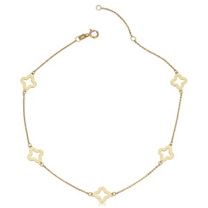14k Yellow Gold Clover Flower Station Anklet (adjusts to 9 or 10 inch)