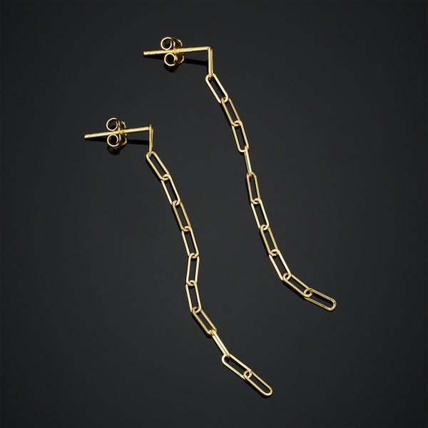 14k Yellow Gold Paper Clip Link Chain Dangle Earrings (2.25 inches long)