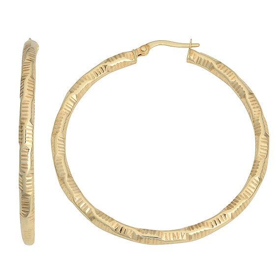 10k Yellow Gold 3x40mm Textured Round Hoop Earrings - Etsy