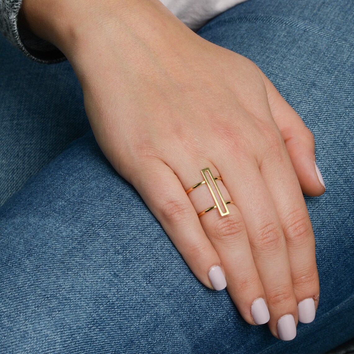 14k Yellow Gold Bar Double Band Ring Etsy
