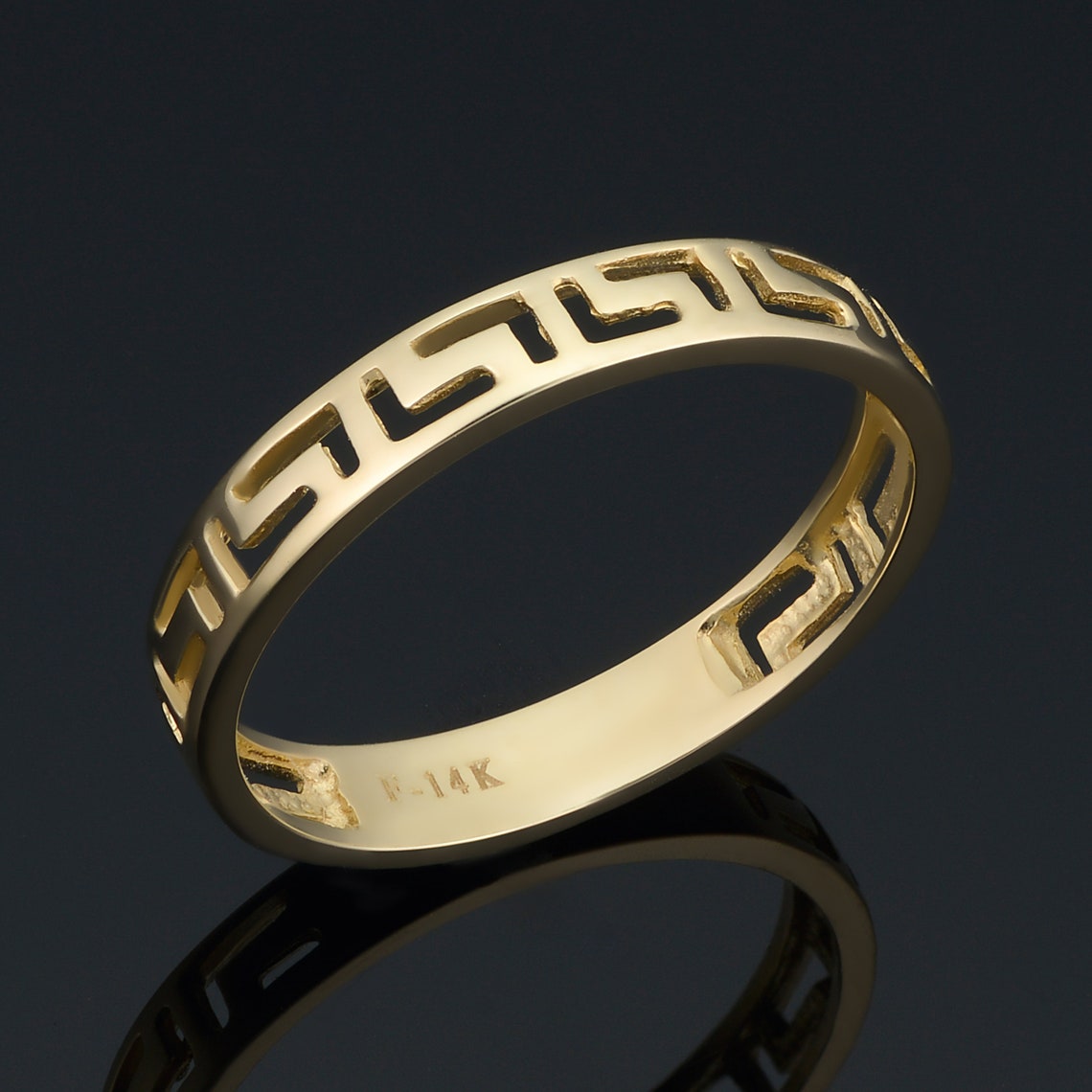 14k Yellow Gold Greek Key Band Ring 3.8 Mm Wide Minimalist Etsy