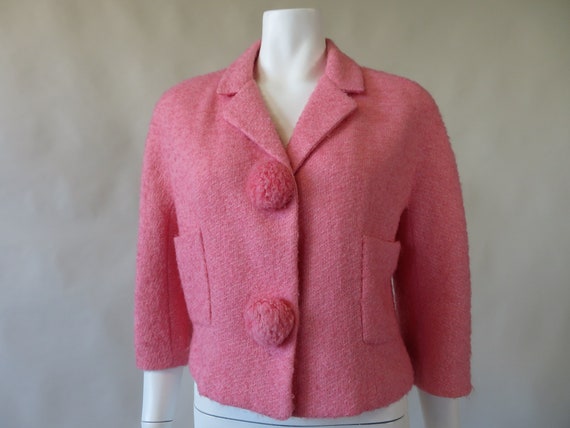 Arthur Jay Pink Wool Cropped Jacket w/ Pom Poms c.