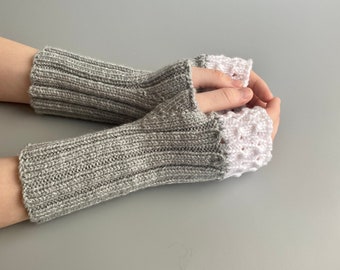 Soft Acrylic Fingerless Gloves Vegan Arm Warmers Wristwarmers Hand Knitted for Adults & Teens Gray Women Fingerless Gloves