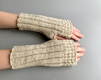 Vegan Fingerless Gloves Arm Warmers Wristwarmers Hand Knitted for Adults & Teens Acrylic Beige Women Fingerless Gloves