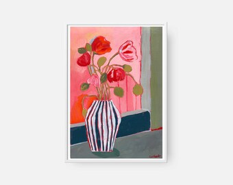Tulipanes rojos y rosas en un jarrón a rayas - Impresión de pintura acrílica gouache original