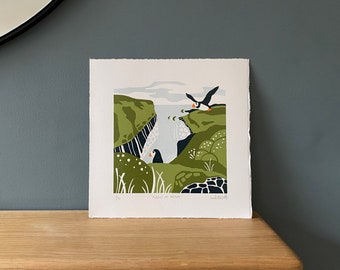 Puffins on Skomer - Original linoprint - Skomer Island, Wales