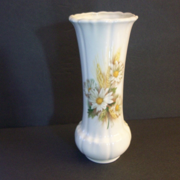 Tall Ceramic Vase with Daisies and Wheat Design, Vintage Decorative Vase, Flower Arranging, Home Decor