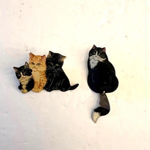 Vintage Metal Cat Brooches: Swinging Tail, Trio of Cats Pins