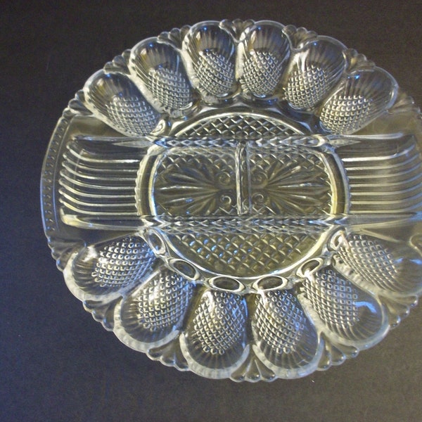 Pressed Glass Deviled Egg and Relish Tray As-Is, Vintage L E Smith Decorative Serving Dish, Dining and Serving