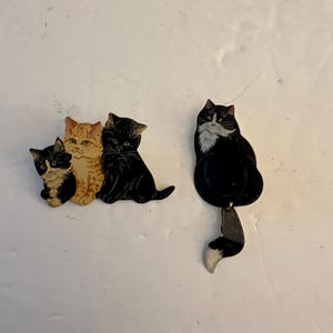 Vintage Metal Cat Pins, Cat with Swinging Tail and Trio of Cats Brooch, Whimsical Jewelry, Feline Lovers Pin