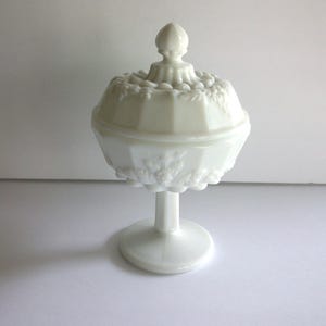 Westmoreland White Paneled Grape Pattern Compote with Lid, Vintage Milk Glass Covered Candy Dish, Collectible Glass