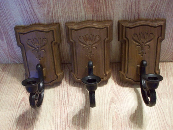 Home Interiors Trio Of Faux Wood Wall Sconces Homco Vintage Early American Style Sconces Candle Holders Wall Decor