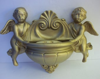 Ceramic Regency Style Angel Planter, Vintage Gold Colored Cherub Wall Decor, Home Decor