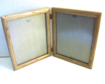 Vintage Oak Double Picture Frame: Hinged Tabletop 8" x 10" Photo Display