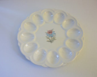 Ceramic Egg Plate with Pink and Blue Flower, Vintage "Fairlane" by Stuebenville Egg Tray for 12 Eggs, Dining and Serving, Easter Decor