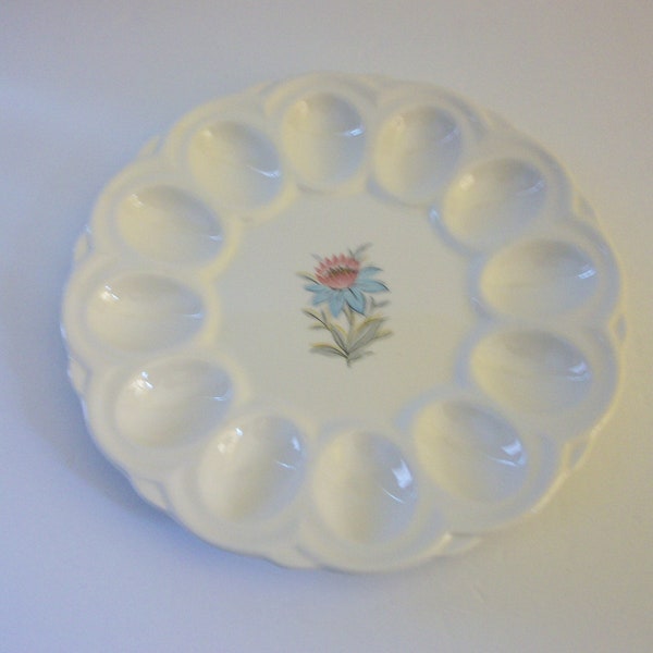 Ceramic Egg Plate with Pink and Blue Flower, Vintage "Fairlane" by Stuebenville Egg Tray for 12 Eggs, Dining and Serving, Easter Decor