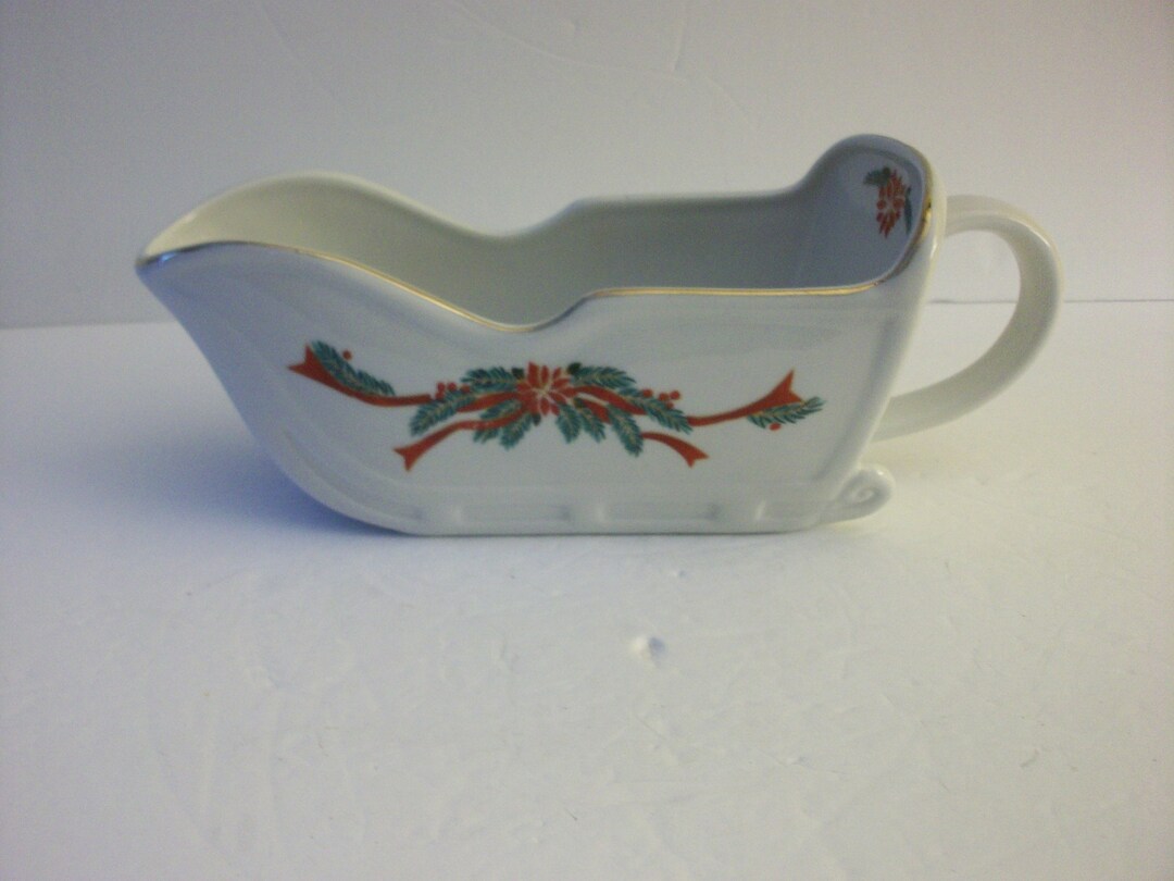 Poinsettia and Ribbon Sleigh Shaped Gravy Boat by Tienshan Etsy