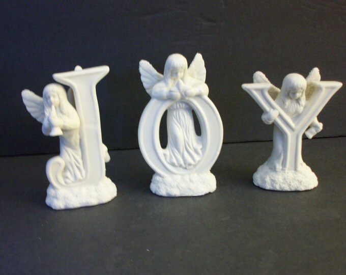 Angel Figurines Spelling joy, Vintage Bisque Porcelain Christmas Knick