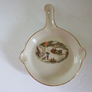 Ceramic Spoon Rest with Currier and Ives &quot;The Old Homestead in Winter&quot; Scene, Mini Frying Pan Shaped Wall Decor, Kitchen Decor