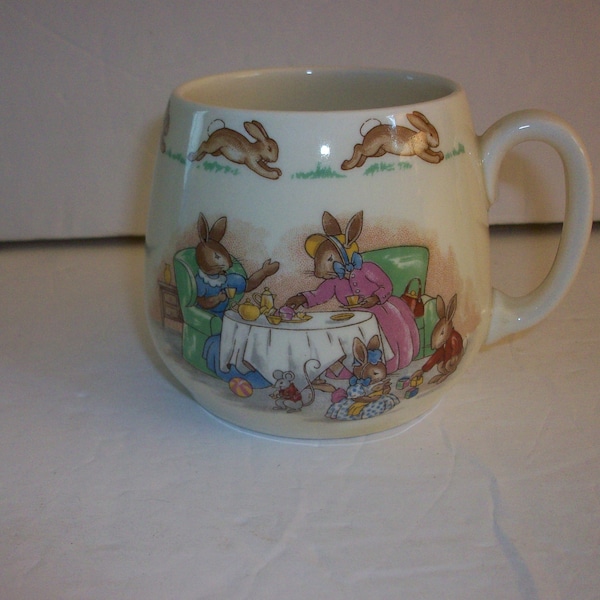 Royal Doulton Bunnykins "Afternoon Tea" One Handle Don Mug, Vintage Bone China Child's Mug, Collectible Rabbit Family Mug, Made in England