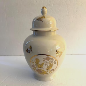 Vintage Oriental Ginger Jar: Porcelain Birds & Butterflies, Made in Japan
