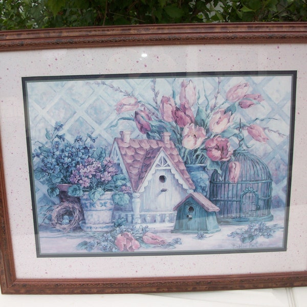 Birdhouses and Flowers Framed Print by Barbara Mock, Vintage Home Interiors and Gifts (Homco) Wall Art, Home Decor