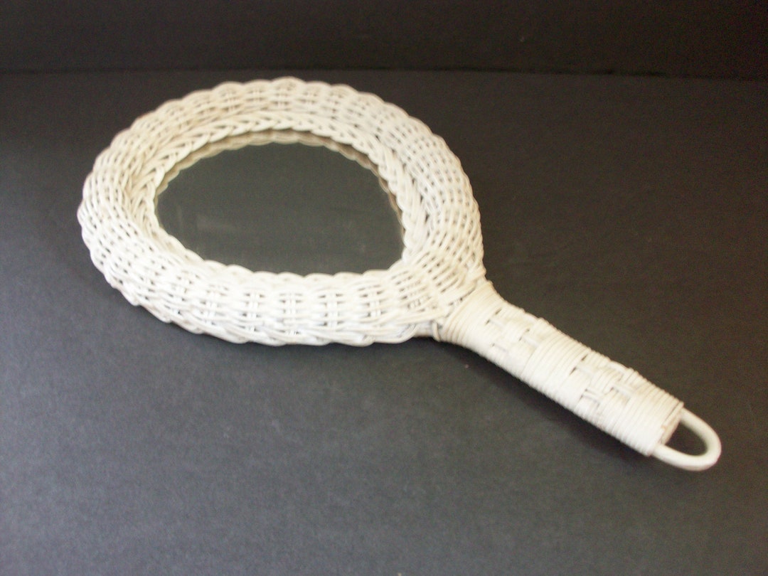 White Wicker Handheld Mirror as Is, Vintage Vanity or Dresser Mirror