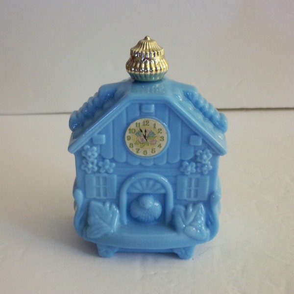 Blue Milk Glass Faux Cuckoo Clock with Perfume by Avon, Vintage Decorative Fragrance Container, Dresser Decor