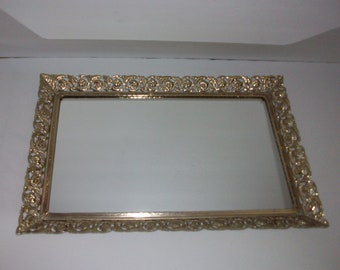 Mirrored Vanity Tray, Vintage Gold Toned Metal and Mirror Footed Dresser Tray, Home Decor, Perfume Tray, Gift for Her