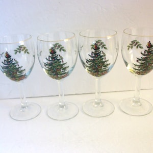 Spode &quot;Christmas Tree&quot; Wine Glasses - Set of 4, Vintage 12 oz. Christmas Drinking Glasses, Holiday Drinkware