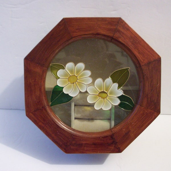 Wood and Glass Octagonal Jewelry Box with Painted Flowers by Mele, Vintage Jewelry Keeper, Gift for Her