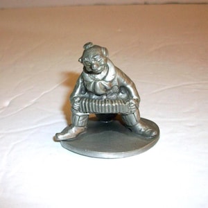 Miniature Pewter Clown Sitting on Ball Playing an Accordion Figurine, Vintage Little Metal Collectible Knick Knack