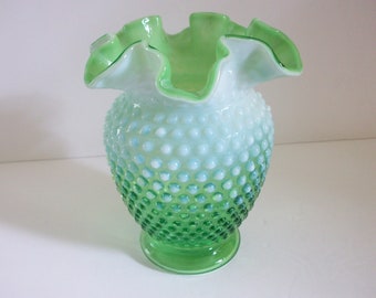Green and White Hobnail Vase with Ruffled Edge, Vintage Opalescent 5 3/4&quot; Tall Decorative Vase, Home Decor and Accents