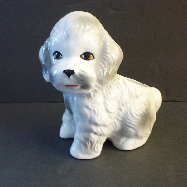 White and Gray Dog Ceramic Planter by Nancy Pew Giftware - As Is, Vintage Canine Planter, Flower Arranging Supplies