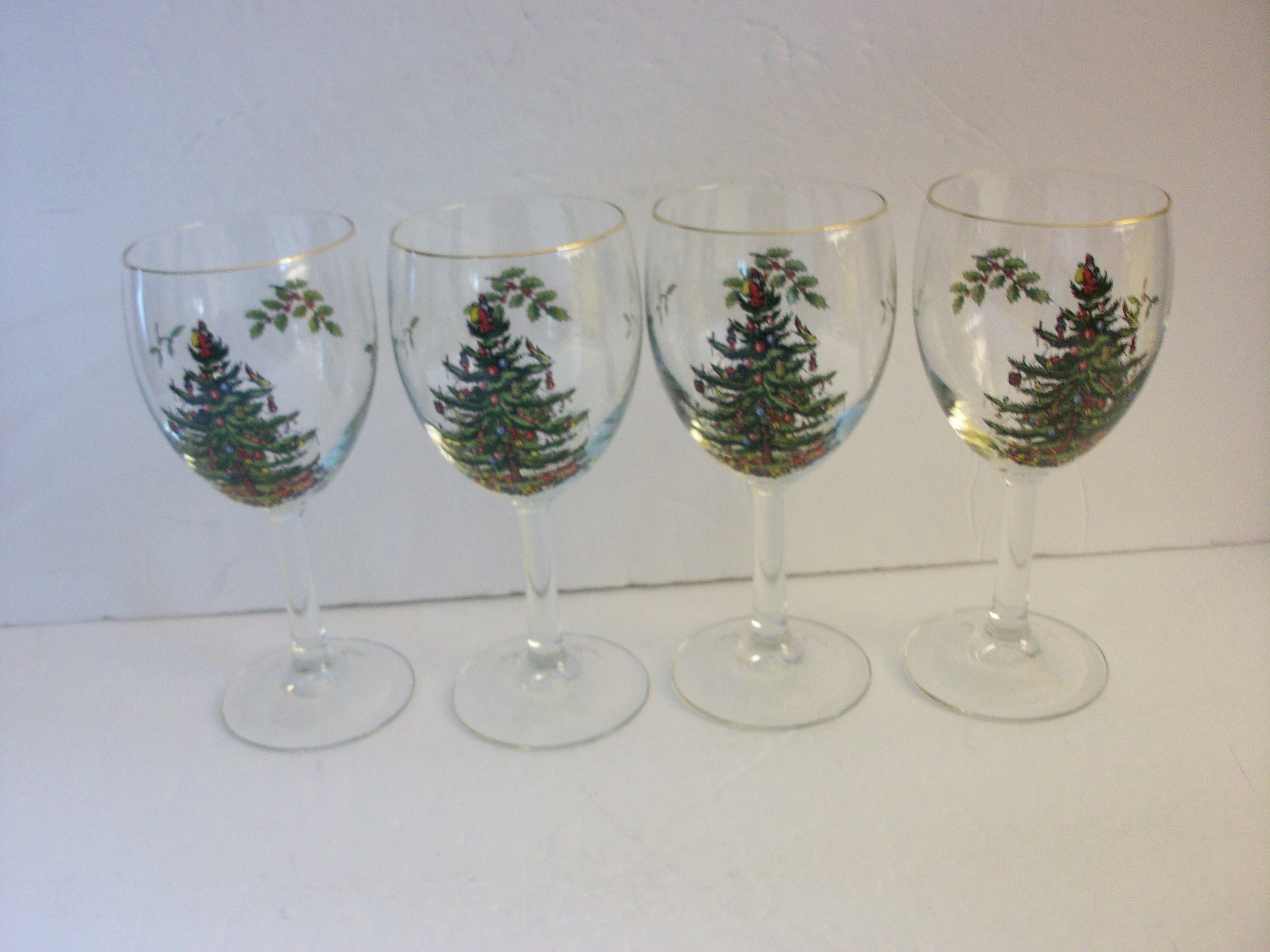 Set of 4 H-T-F Spode Christmas Tree 19-oz Stemless Wine Glasses Unused in  Original Packaging 