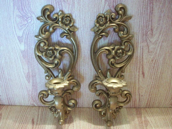 Home Interiors Regency Style Gold Tone Sconces Vintage Homco Sconces Vintage Wall Sconces Floral Gold Colored Sconces Candle Holders