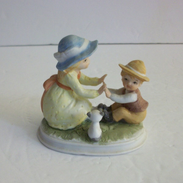 Lefton Figurine Children Playing Pat-a-Cake, Vintage Boy and Girl with Cat Knick Knack, Hand Painted Lefton China