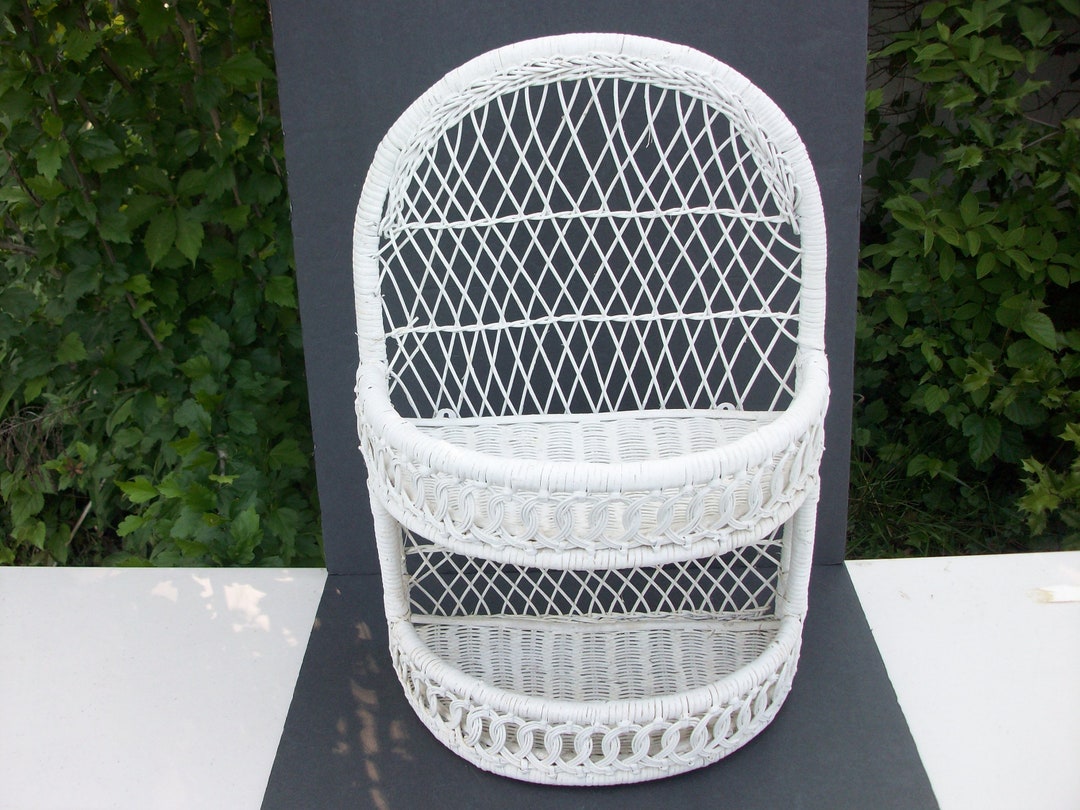 White Wicker Shelf With Two Tiers Vintage Rounded Front - Etsy